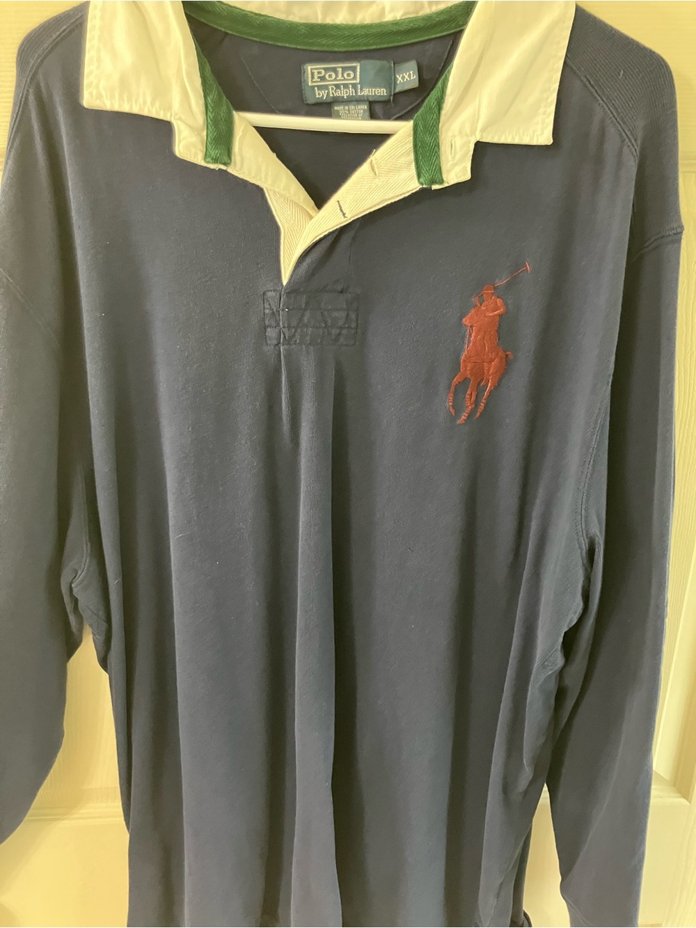 Ralph Lauren Navy Rugby Shirt with Cream Collar and Green Trim